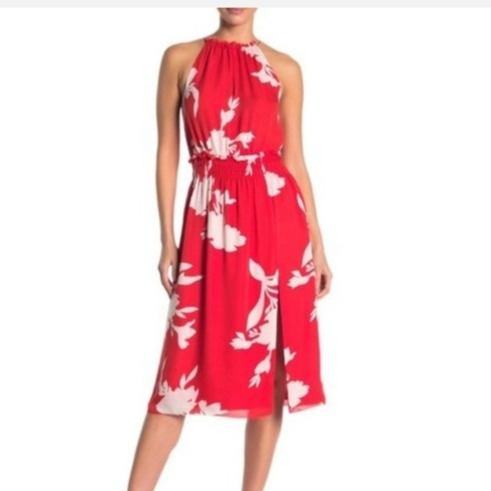 Joie Red White Floral Silk Halter Midi Dress Smocked Waist Tropical Resortwear S